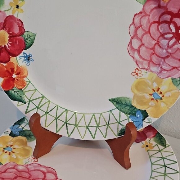 Pier 1 Dinner Plates 11" green lattice dahlia multicolor summer flowers set/ 2 - Picture 7 of 12